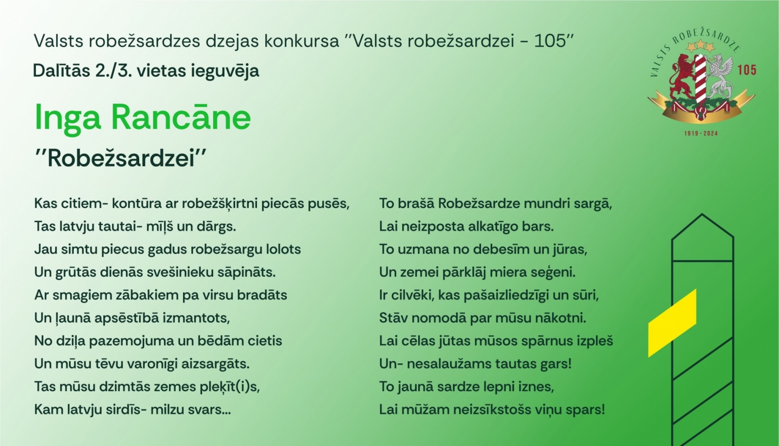 Šis gads Valsts robežsardzei ir īpašs, jo tiek atzīmēta tās dibināšanas 105. gadadiena. Par godu šai ievērojamajai jubilejai visā valstī tika organizēti dažādi svētku pasākumi, kas godināja robežsargu darbu un nozīmīgo ieguldījumu valsts drošībā. Viens no pasākumiem bija dzejas konkurss, kas norisinājās no 2024. gada 1. jūnija līdz 1. septembrim, kurā ikviens interesents varēja izteikt savu cieņu un pateicību robežsardzei radošā veidā. Nr.2